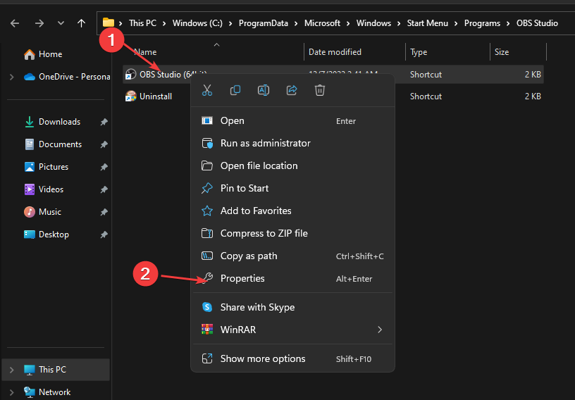 Свойства файла OBS