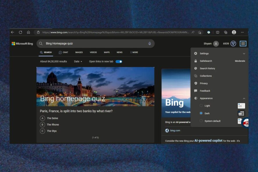 Bing: тёмный режим на ПК