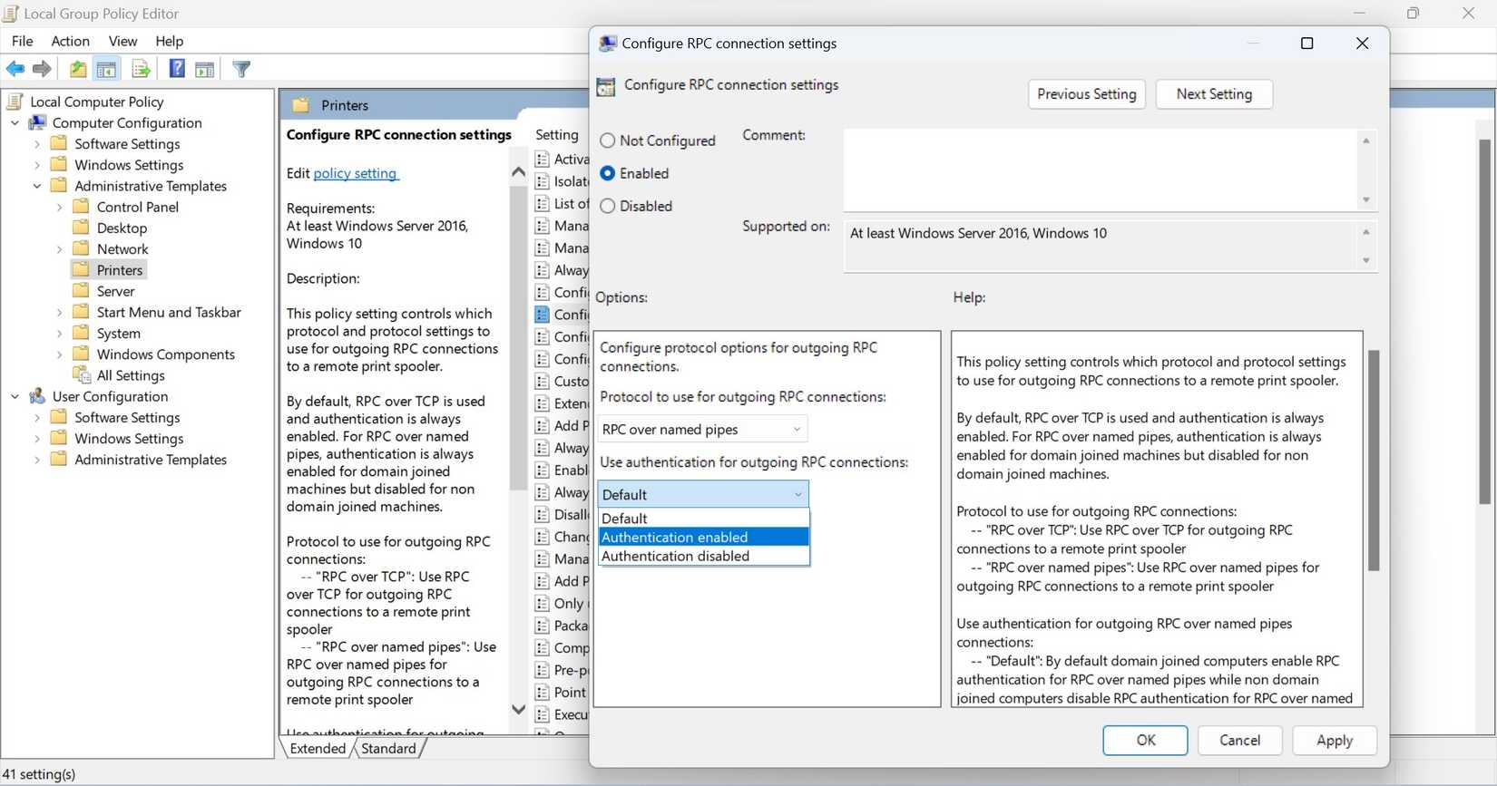 Включение аутентификации для исходящих RPC-соединений в Редакторе локальной групповой политики