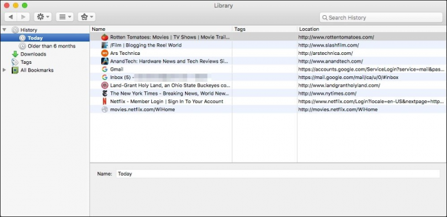 Окно: список страницы в полном журнале Firefox, удаление выбранных записей