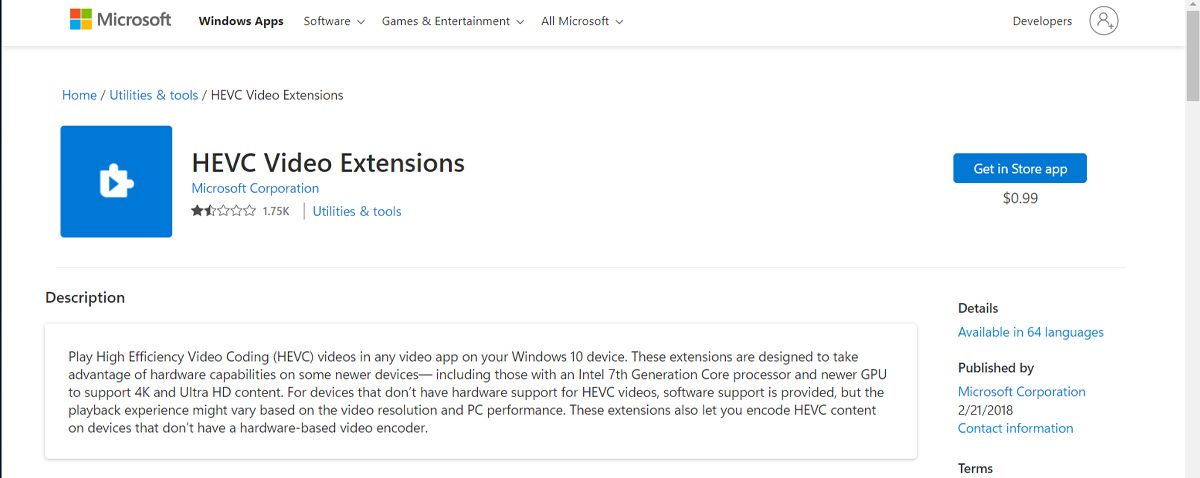 Иконки расширений HEIF и HEVC в Microsoft Store