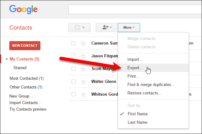 Выбор команды Экспорт в Google Контактах