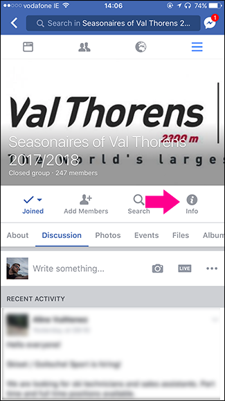 экран информации группы Facebook на мобильном
