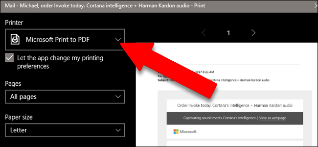 Выбор Microsoft Print to PDF в меню принтеров Windows