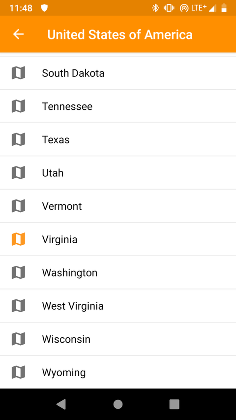OsmAnd android app listing downloaded maps.
