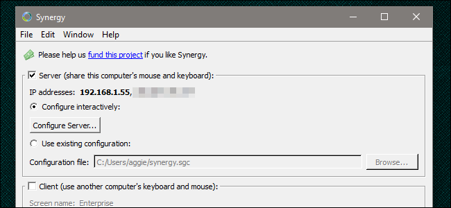 Окно конфигурации сервера Synergy с кнопкой Configure Server