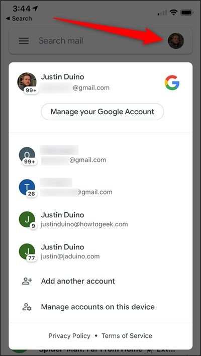 Появление меню со списком аккаунтов после нажатия на аватар