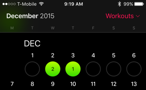 Выбор дня с тренировками в приложении Активность