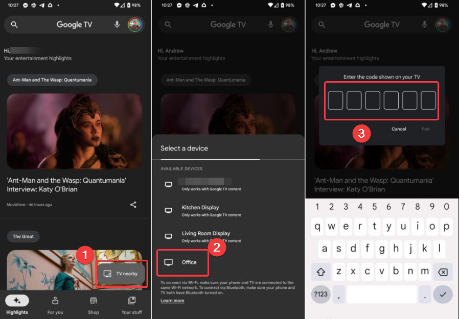 Код сопряжения Google TV на экране телефона