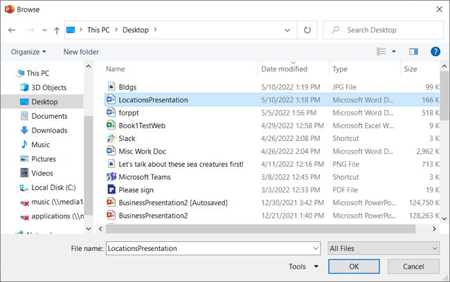Файл Word выбран для вставки