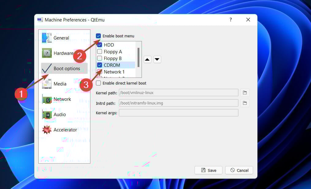 Включение меню загрузки в QTEmu