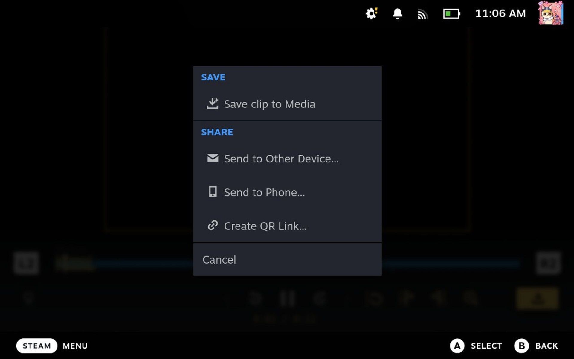 Опции загрузки видео в медиатеке Steam Deck