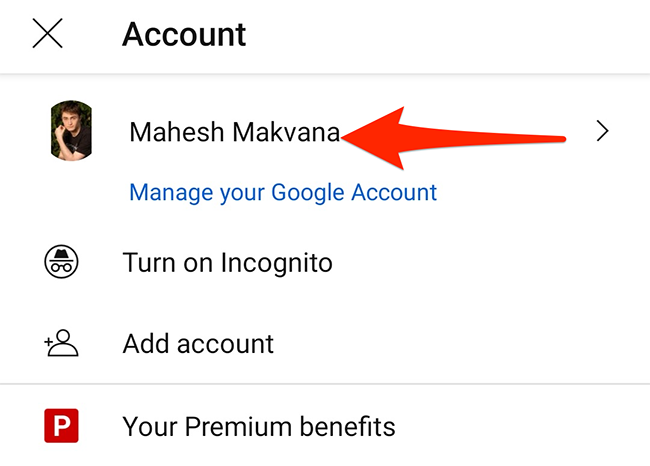 Выберите Google‑аккаунт на экране «Аккаунт» в приложении YouTube.