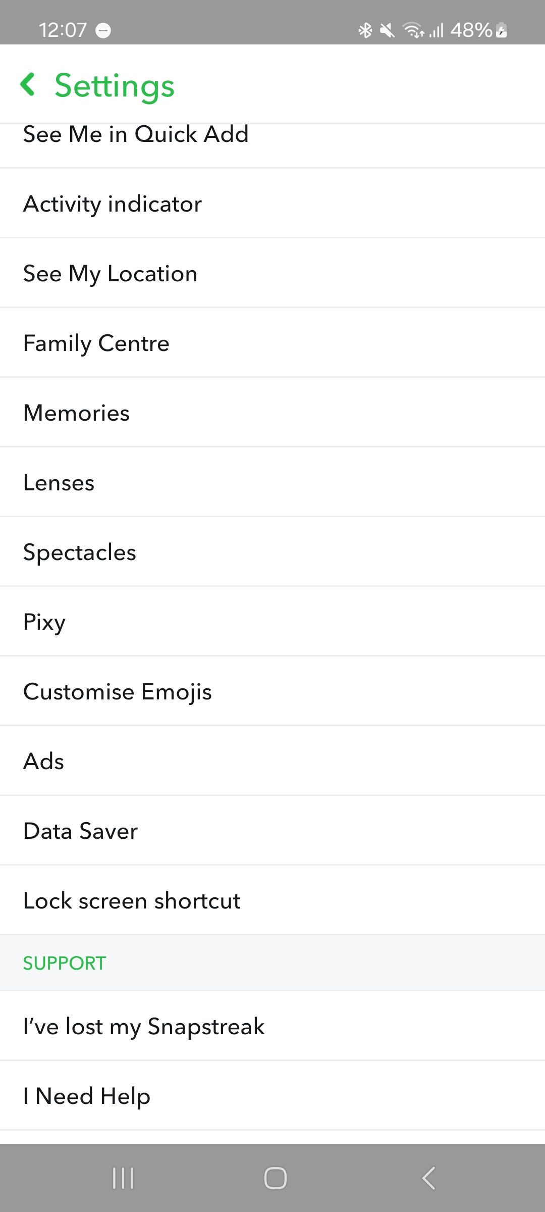 Snapchat Settings on an Android phone