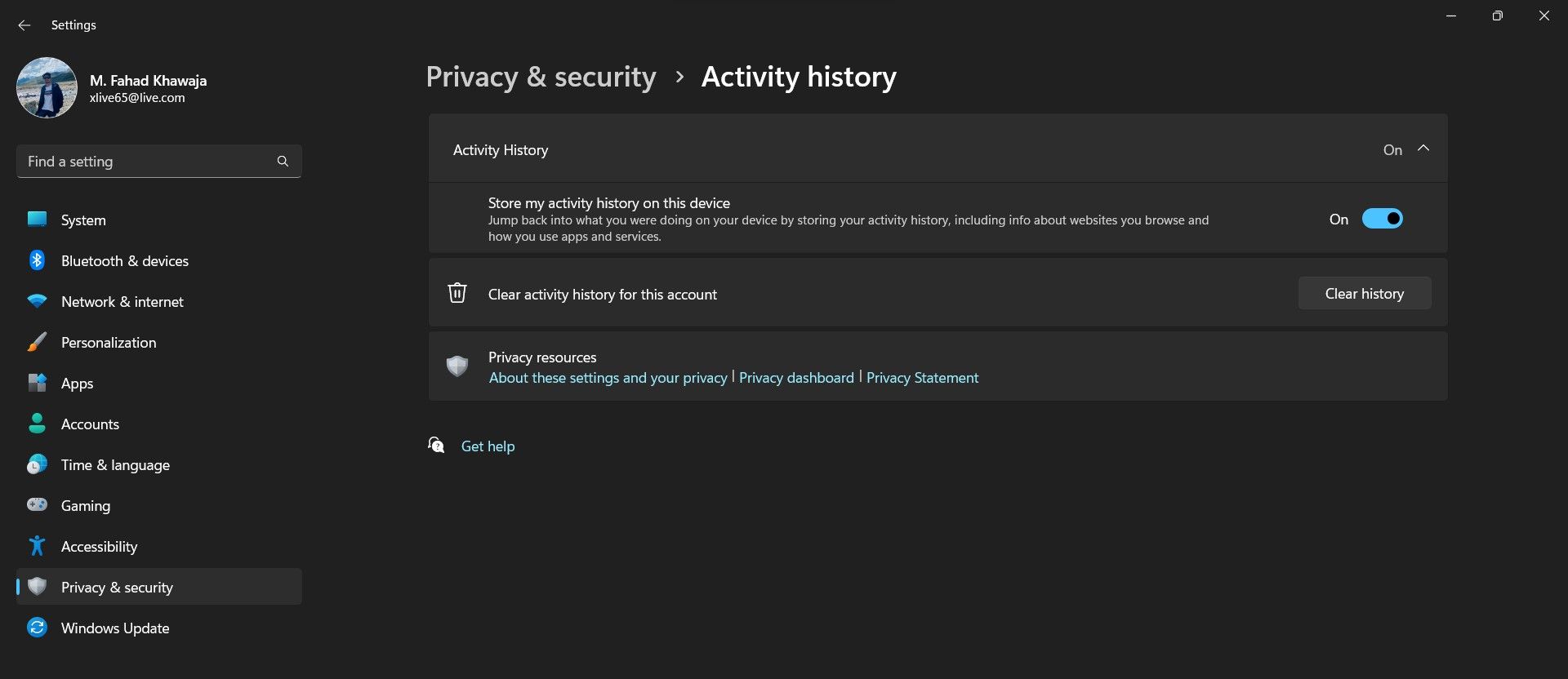 Activity history settings Windows 11