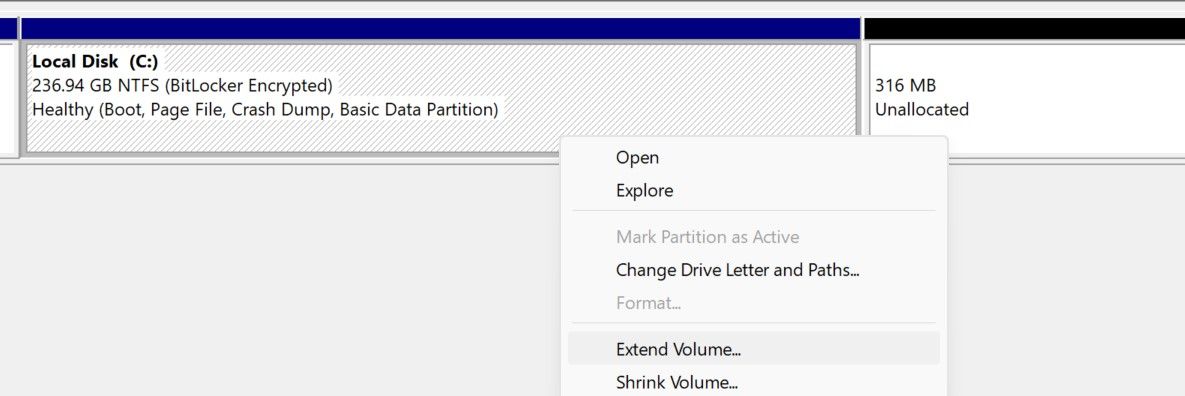 Контекстное меню для расширения тома в Управлении дисками Windows