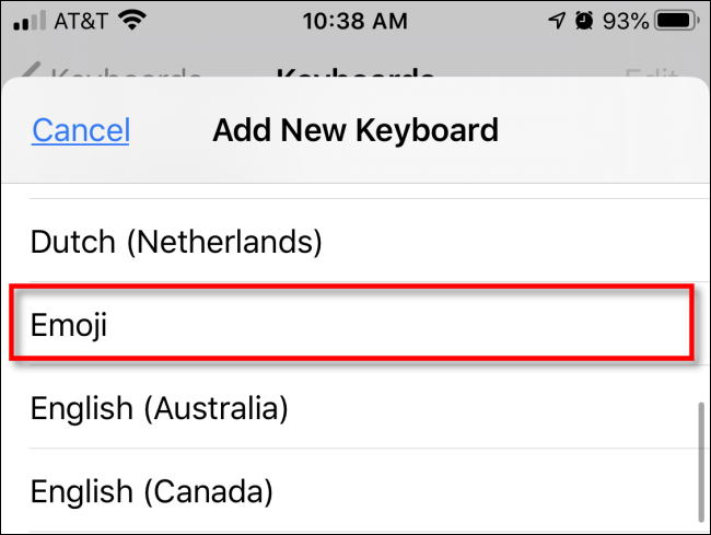 Выберите клавиатуру Эмодзи из списка в Настройках iPhone