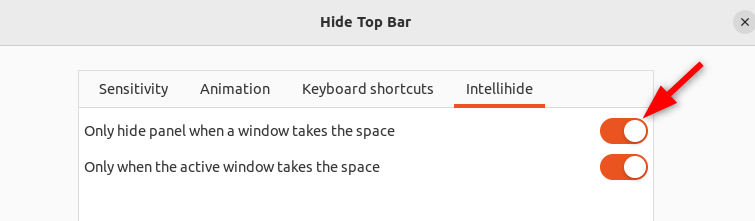 Intellihide включён в настройках Hide Top Bar