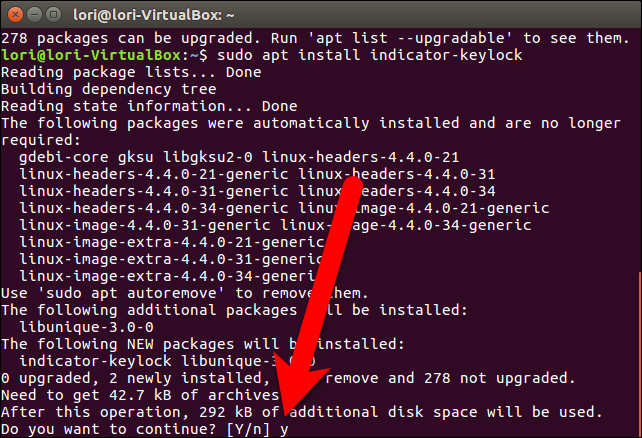 Подтвердите установку, наберите y и нажмите Enter