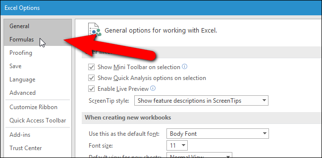 Раздел Формулы в Параметрах Excel