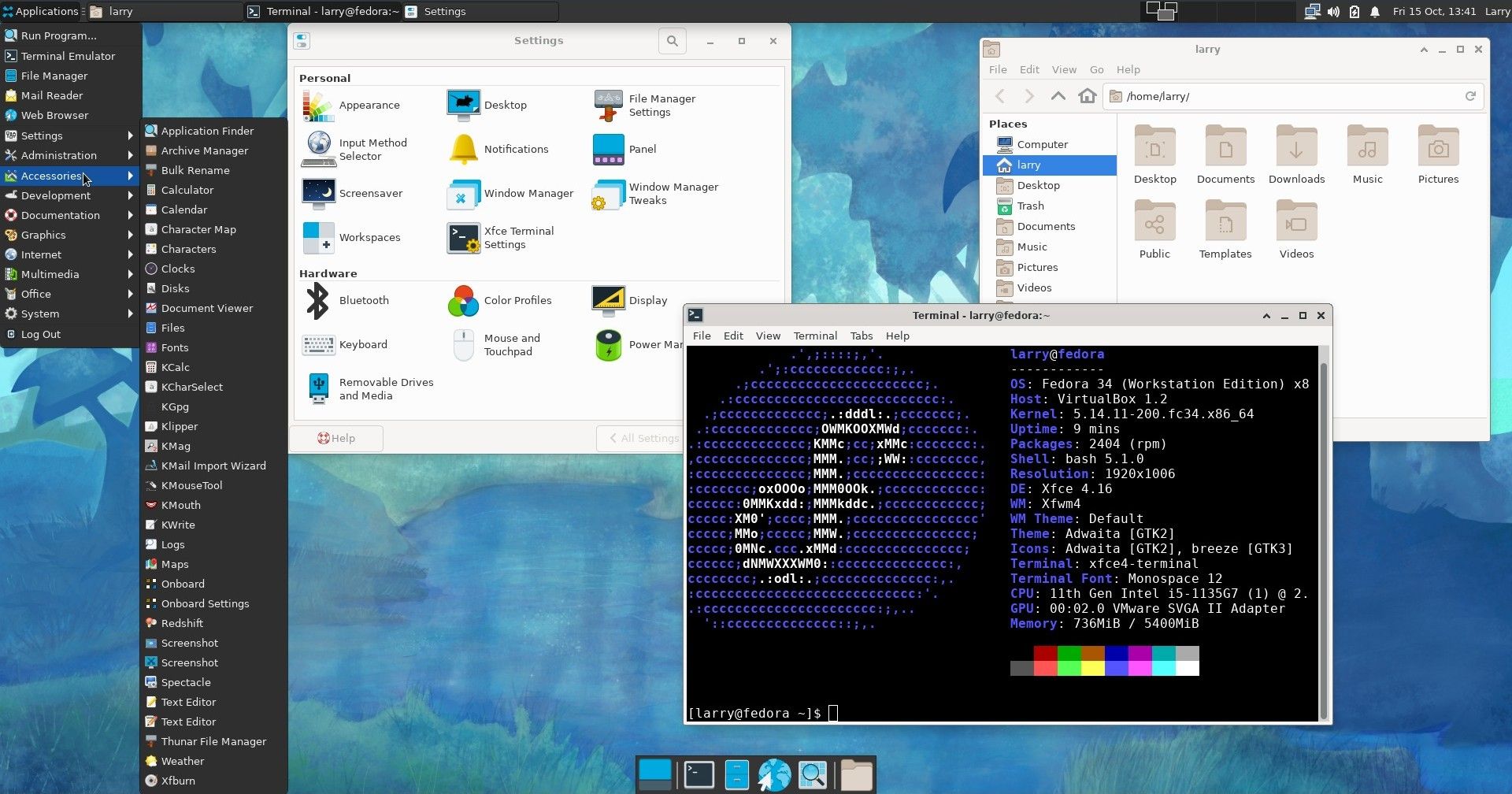 Меню рабочего стола XFCE в Fedora