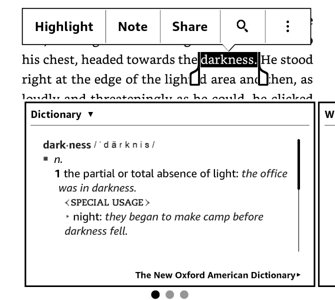 Окно определения слова и перевод в Kindle