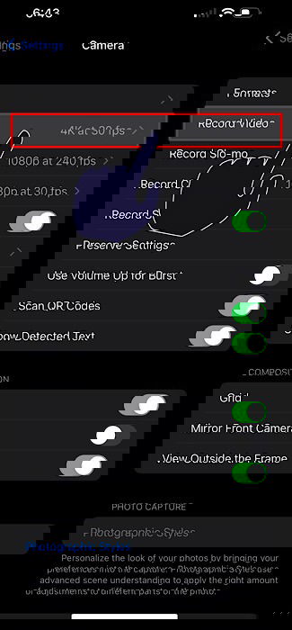 Опции записи видео в настройках