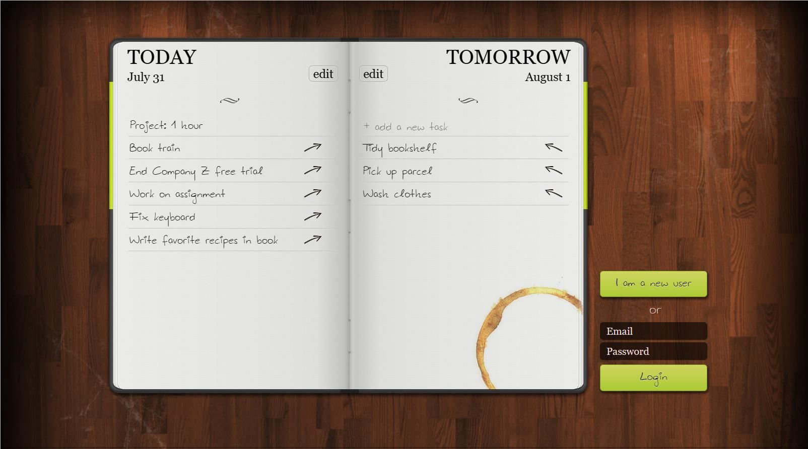 Интерфейс Do It Tomorrow с колонками Сегодня и Завтра
