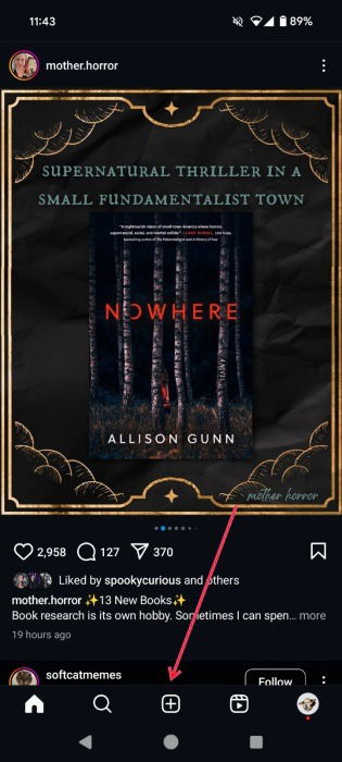 Кнопка + для создания нового поста в Instagram