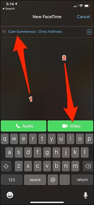 Кнопки «Видео» и «Аудио» при создании звонка в FaceTime