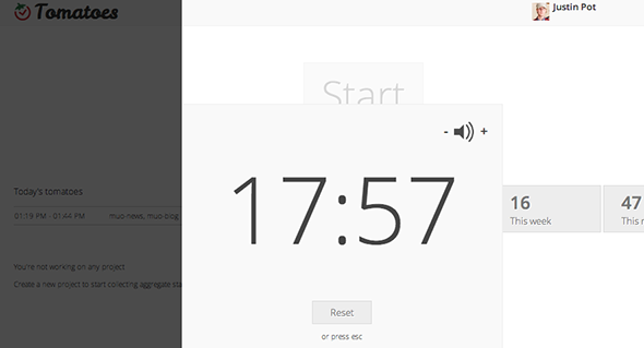 Веб-таймер Tomato.es на экране браузера