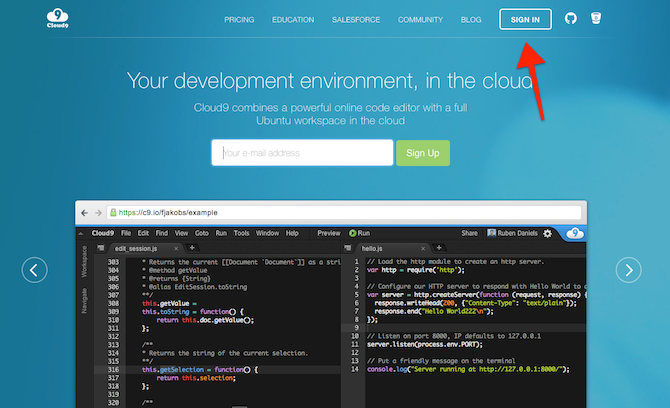 Кнопка входа на сайте Cloud9