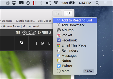Кнопка поделиться в Safari на Mac — пункт «Добавить в Reading List»
