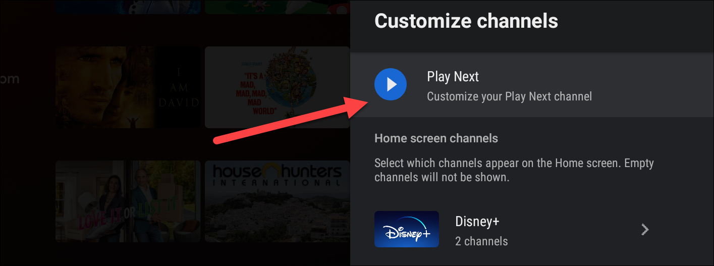 Пункт меню настройки Play Next на Android TV.
