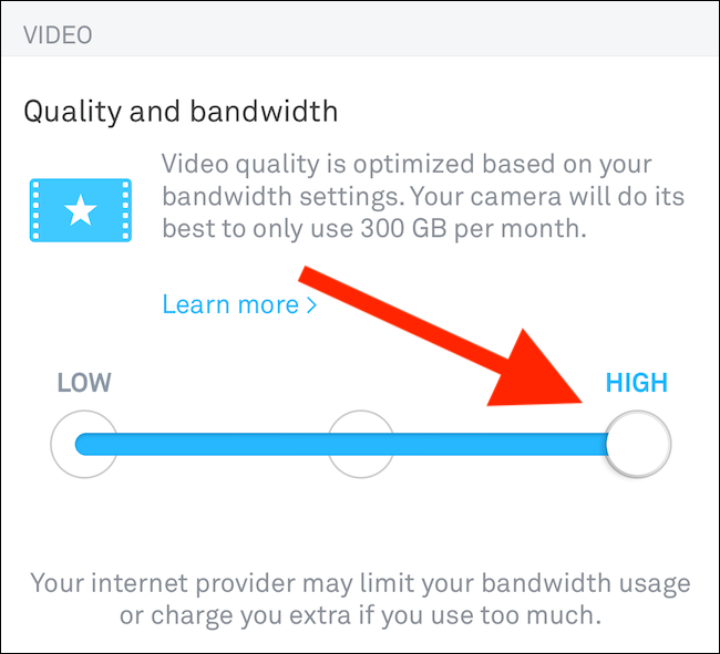 Ползунок для изменения качества видео в положение High