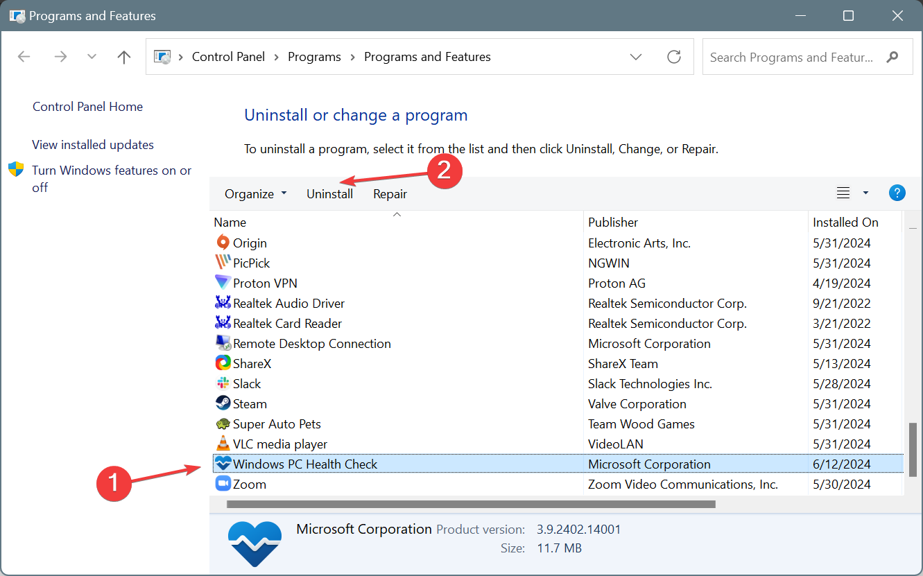 удаление PC Health Check через Список программ