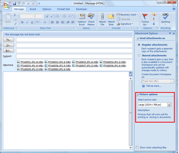 Боковая панель параметров изображений в Outlook 2007 с выбором размера
