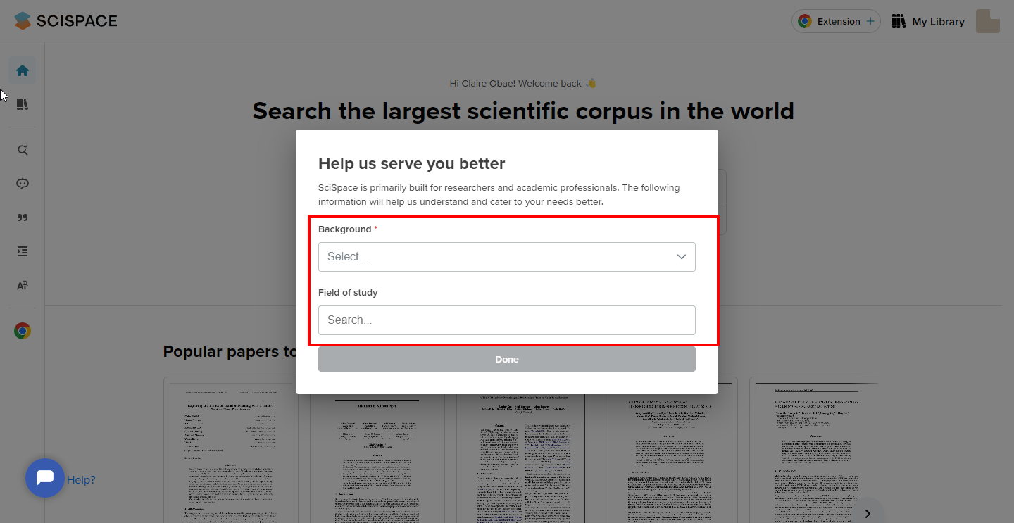 Форма выбора фона и области исследований при настройке аккаунта