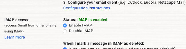 Состояние IMAP включено в Gmail