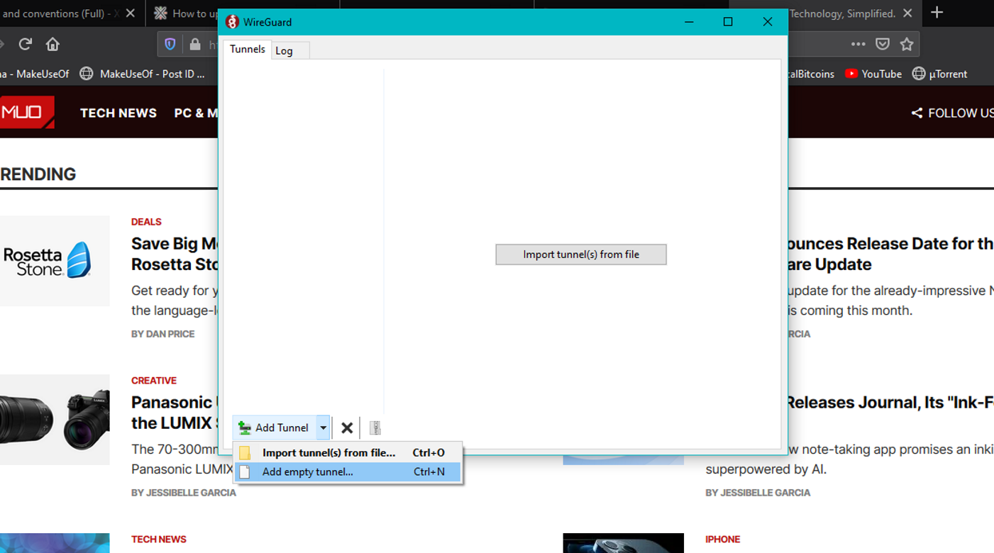 Окно клиента WireGuard с кнопкой создания туннеля