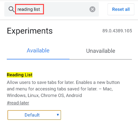 Флаг Reading List в списке флагов Chrome