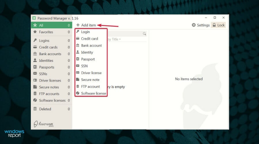 Добавление элемента в Vault Icecream Password Manager