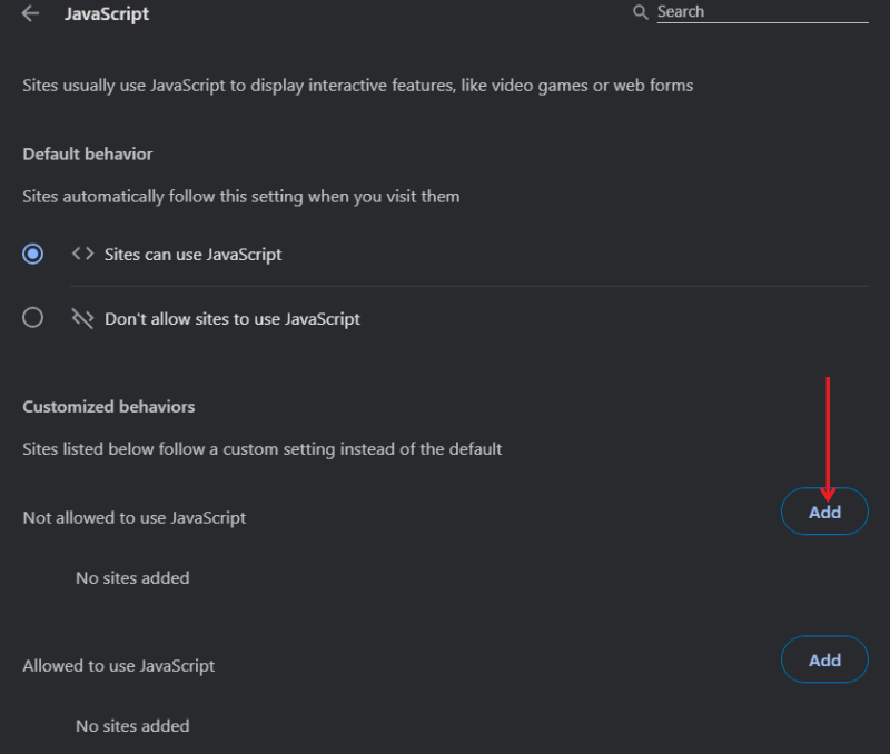 Добавление сайта в список блокируемых для JavaScript