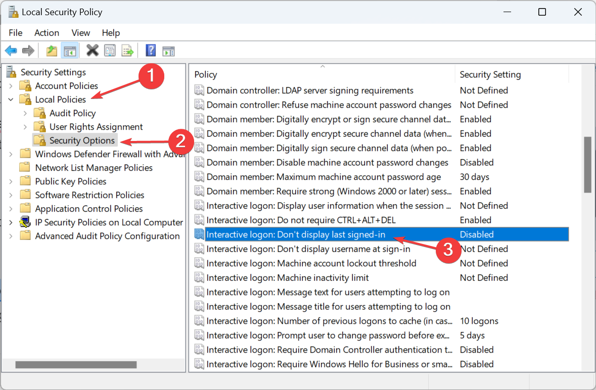Параметр безопасности: Не отображать последний вошедший пользователь