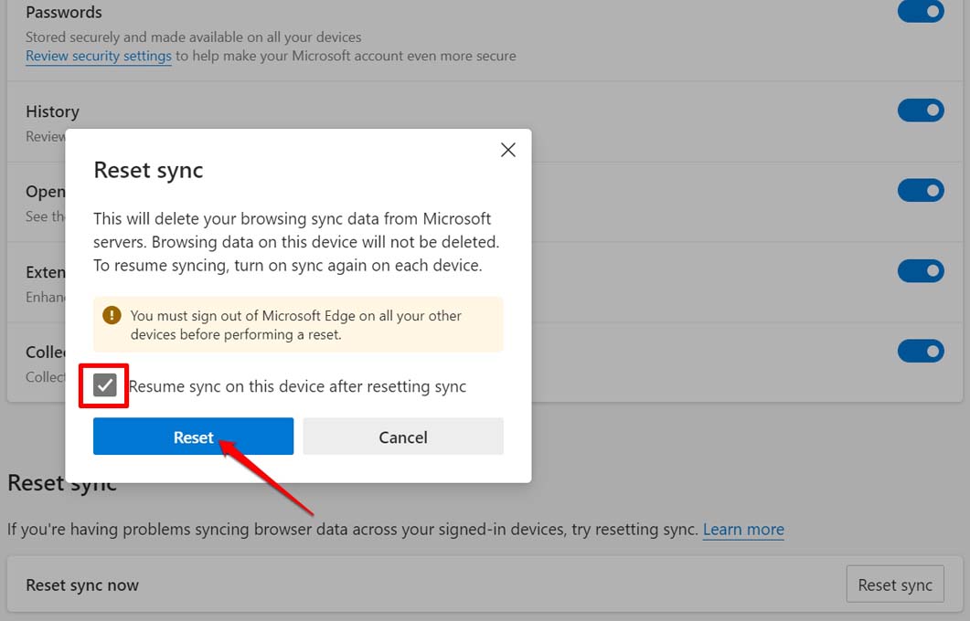 Подтверждение сброса синхронизации