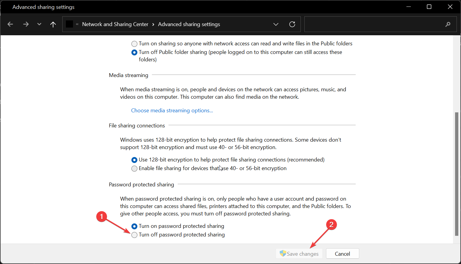 Отключение защищённого паролем совместного использования