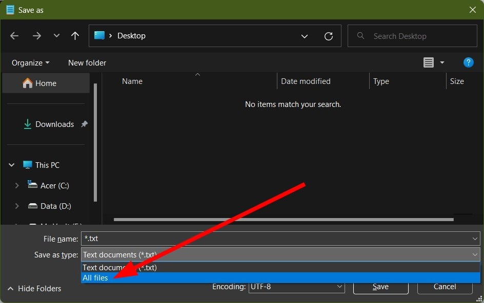 Выбор типа файла All files при сохранении в Блокноте