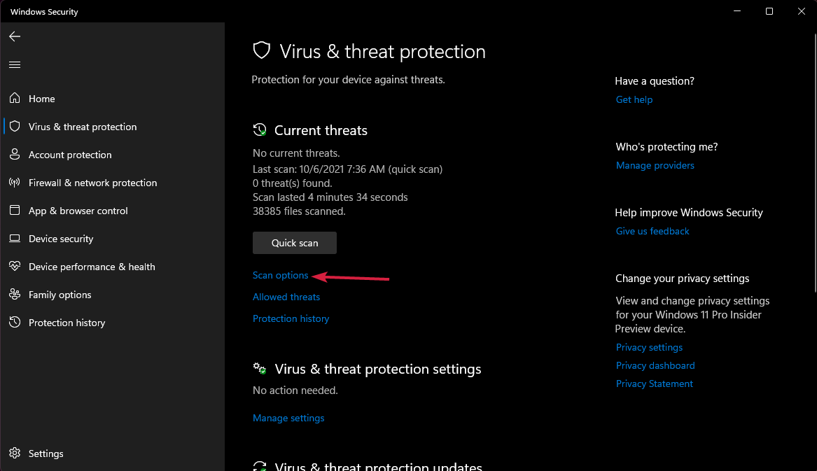 Параметры сканирования в Защитнике Windows
