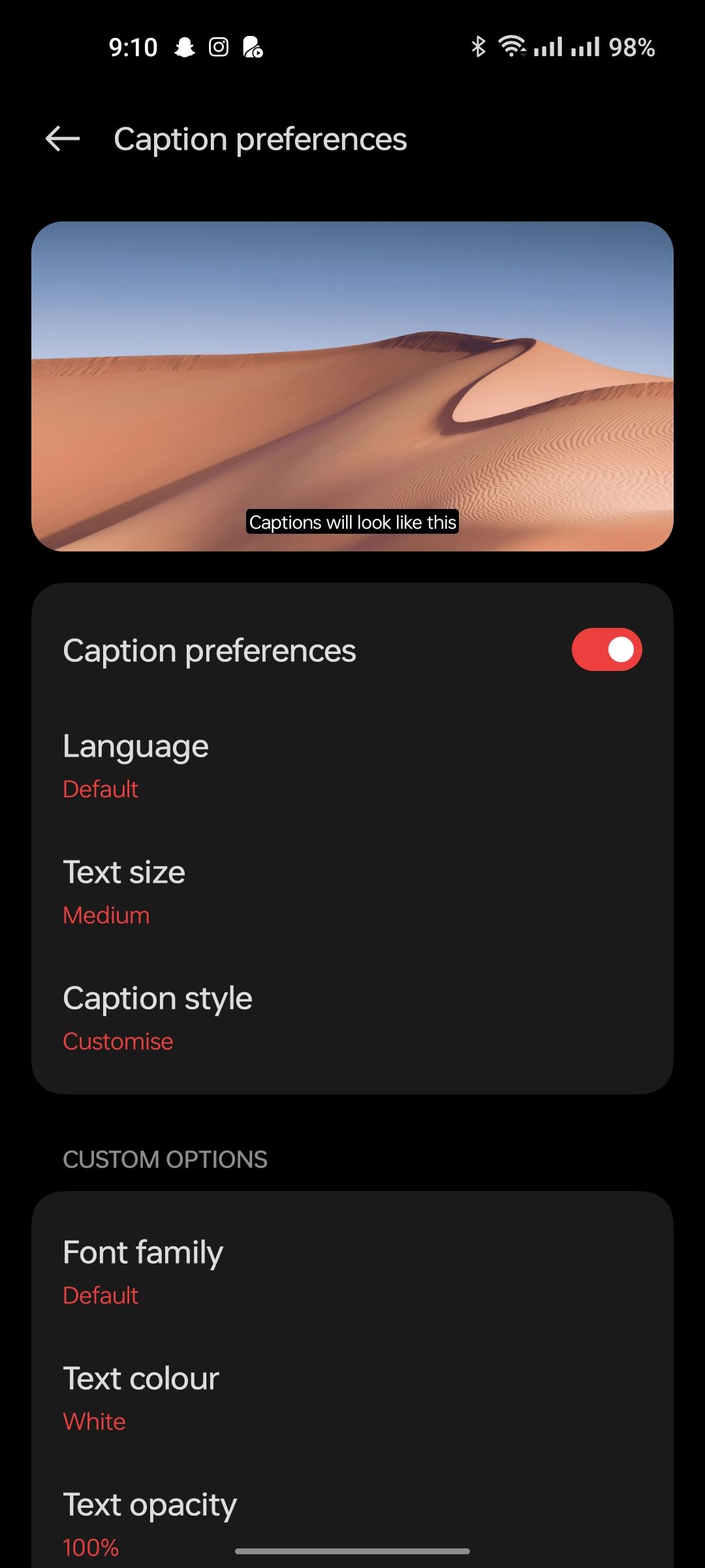 Предпочтения субтитров: размер и стиль