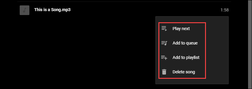 Опции для управления треком: очередь, плейлист, удаление